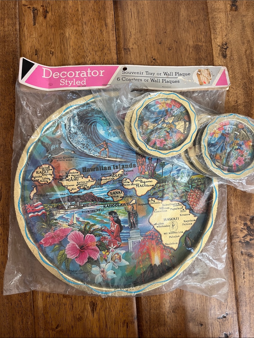Vintage Hawaii Souvenir Tray and 6 Coasters - Artist Ken Haag